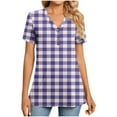 thumbnail image 1 of ZQUUVOU Women's T-Shirt Plaid V-Neck Button Printed Short Sleeve Blouse Purple (XL), 1 of 7