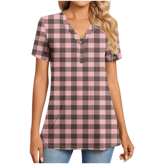 ZQUUVOU Women's T-Shirt Plaid V-Neck Button Printed Short Sleeve Blouse Rose Gold (M)