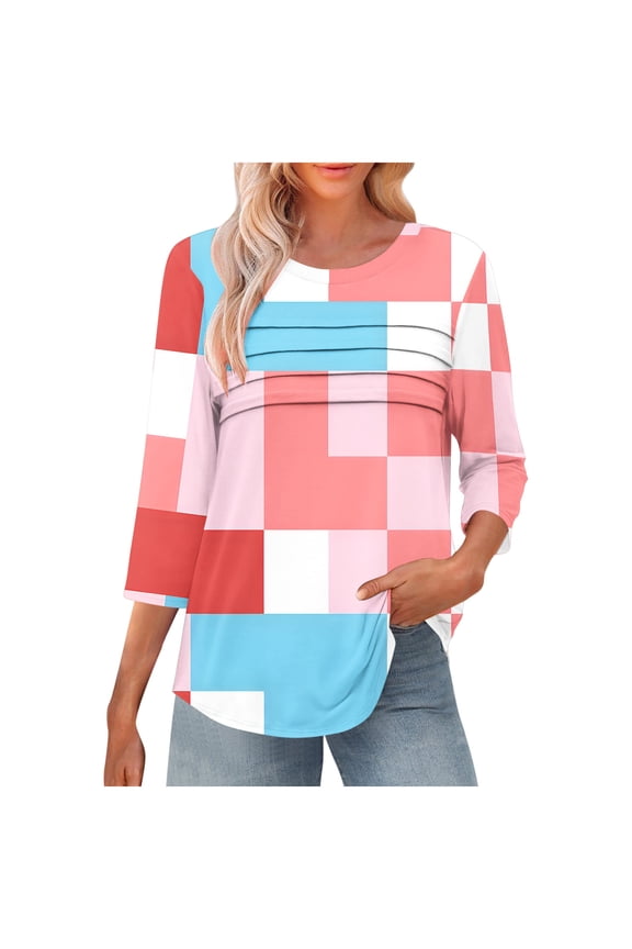 Women's T-Shirt Pleated Print Plaid T-Shirt 3/4 Sleeves Crew Neck Blouse Pink (M)