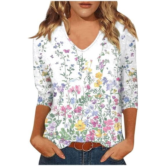 ZQUUVOU Women's T-Shirt Print Floral Solid Color V Neck 3/4 Sleeve Blouse A-White (L)
