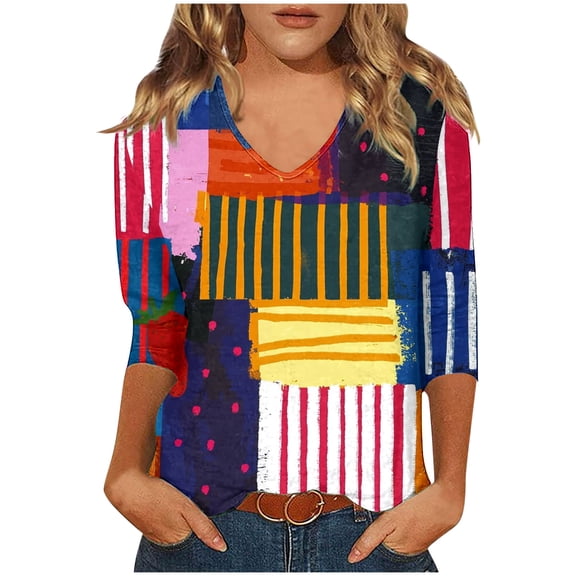 ZQUUVOU Women's T-Shirt Print Stripe V Neck 3/4 Sleeve Blouse B-Multicolor (S)
