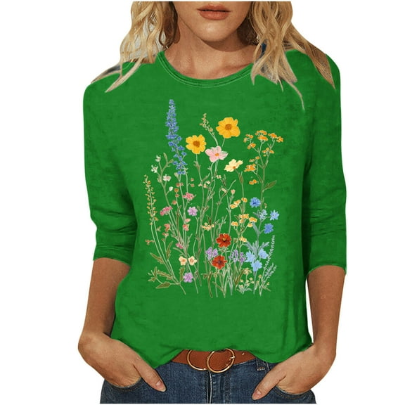 ZQUUVOU Women's T-Shirt Printed Crew Neck 3/4 Sleeve T-Shirt Blouse Green (XL)