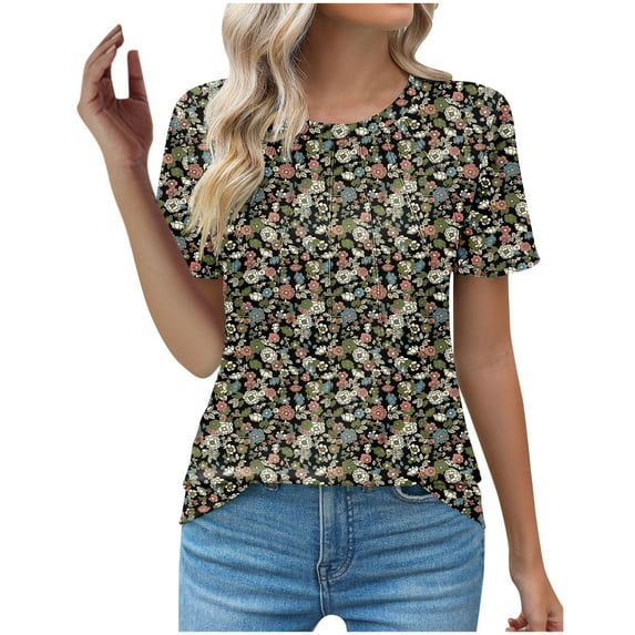 ZQUUVOU Women's T-Shirt Printed Floral Round Neck Casual Short Sleeved Blouse D-Brown (2XL)