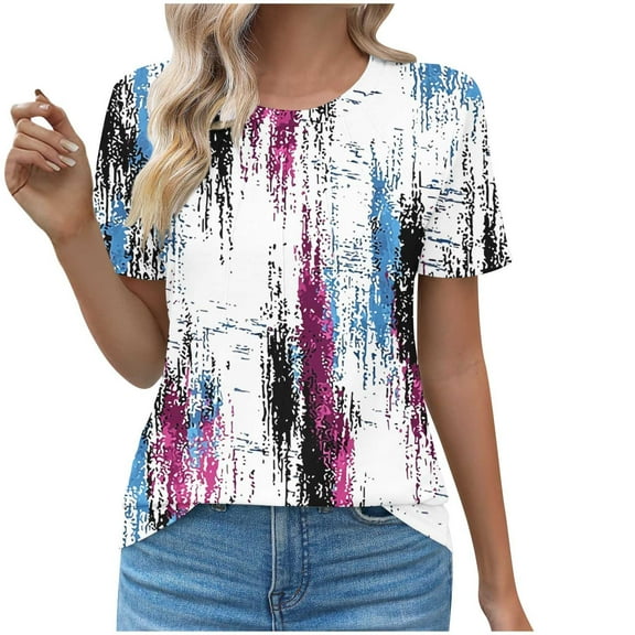 ZQUUVOU Women's T-Shirt Printed Floral Round Neck Casual Short Sleeved Blouse I-White (M)