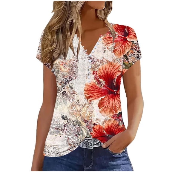 ZQUUVOU Women's T-Shirt Printed Henley V-Neck Button Up Short Seeved Blouses C-Red (M)