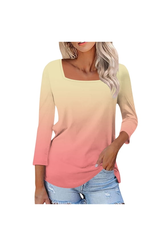Women's T-Shirt Printed Square Neck Three-Quarters Sleeved Blouse Orange (S)