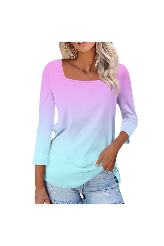 Women's T-Shirt Printed Square Neck Three-Quarters Sleeved Blouse Purple (2XL)