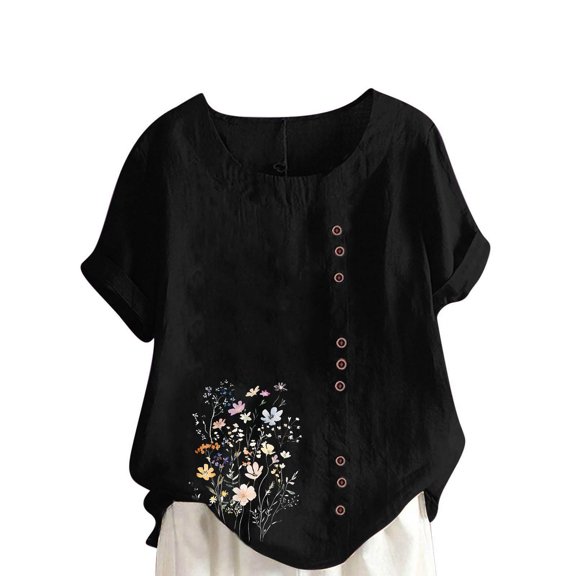ZQUUVOU Women's T-Shirt Round-Neck Floral Printed Short Sleeve Button Blouse Black (S)