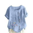 thumbnail image 1 of ZQUUVOU Women's T-Shirt Round-Neck Printed Short Sleeve Button Blouse Light Blue (M), 1 of 4