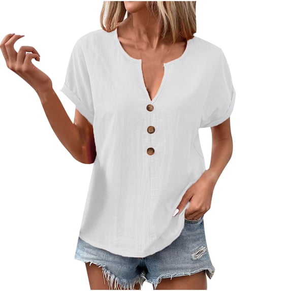 Zwiiyzr Women's T-Shirt Solid Color Henley V-Neck Button Short Sleeve Blouse White (L)