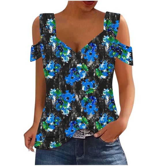 ZQUUVOU Women's T-Shirt Square Neck Cold Shoulder Printed Floral Short Sleeve Blouse Blue (XL)