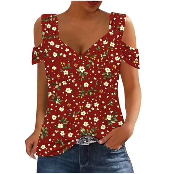 ZQUUVOU Women's T-Shirt Square Neck Cold Shoulder Printed Floral Short Sleeve Blouse Burgundy (M)