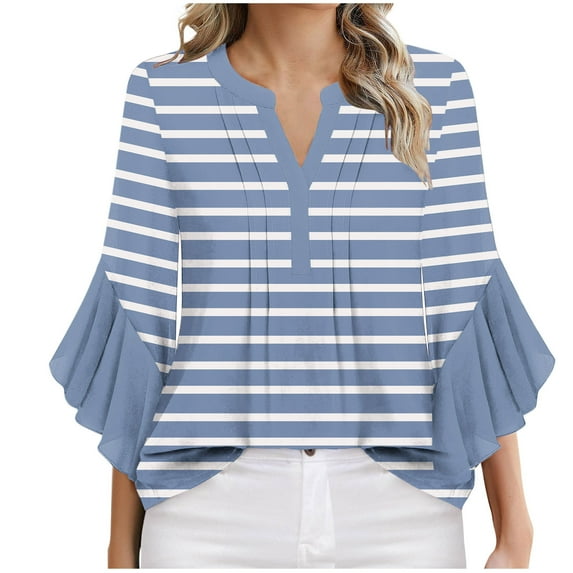 ZQUUVOU Women's T-Shirt Stripe V Neck Ruffle 3/4 Sleeve Floral Blouse Light Blue (S)