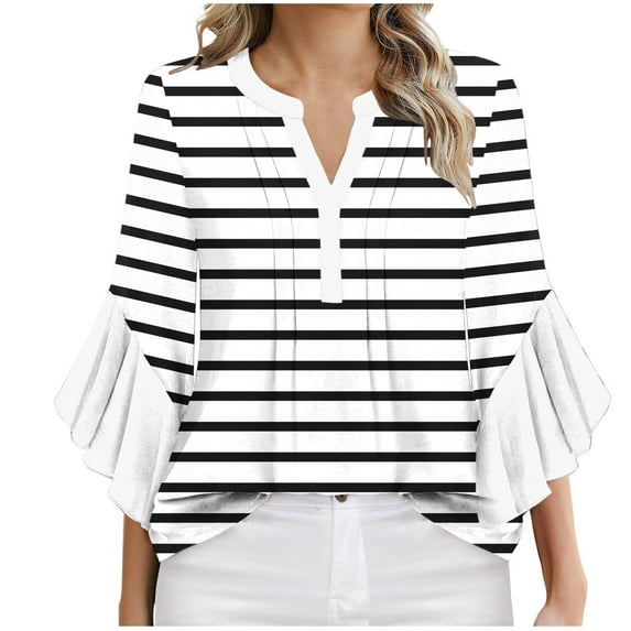 ZQUUVOU Women's T-Shirt Stripe V Neck Ruffle 3/4 Sleeve Floral Blouse White (S)