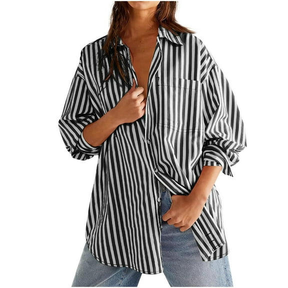 ZQUUVOU Women's T-Shirt Striped Button Down Long Sleeve with Pocket Black (S)