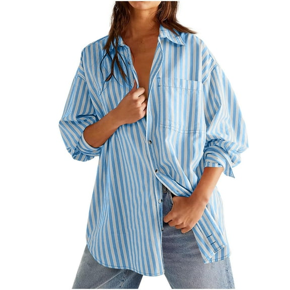 ZQUUVOU Women's T-Shirt Striped Button Down Long Sleeve with Pocket Blue (2XL)