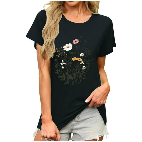 ZQUUVOU Women's T-Shirt Summer Print Short Sleeve Round-Neck Blouse Black (M)