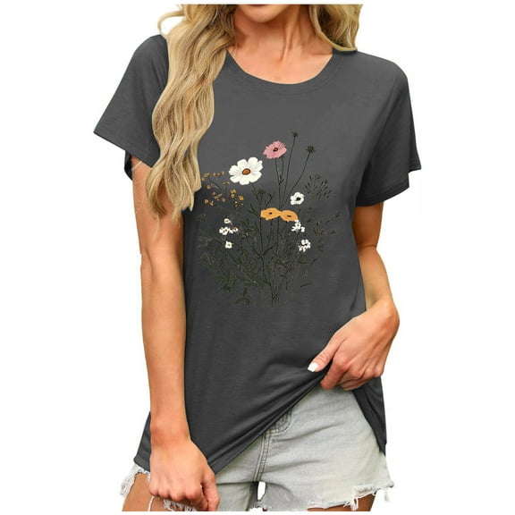ZQUUVOU Women's T-Shirt Summer Print Short Sleeve Round-Neck Blouse Gray (L)