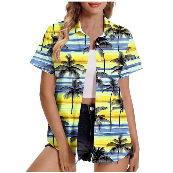 ZQUUVOU Women's T-Shirt Turndown Collar Short Sleeve Button Hawaiian Beach Blouse Yellow (2XL)