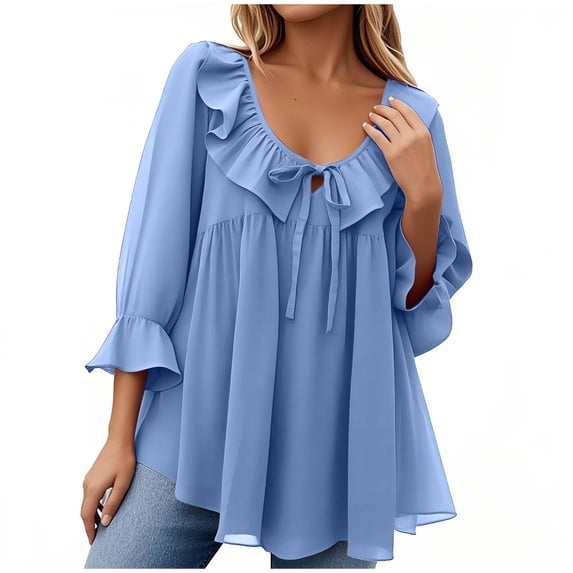 ZQUUVOU Women's T-Shirt V-Neck 3/4 Sleeved Ruffle Neck Front Tie Pleated Hem Blouse Blue (M)