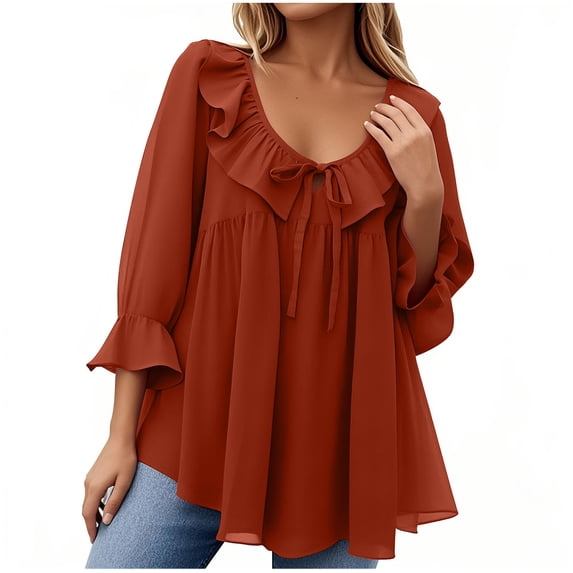 ZQUUVOU Women's T-Shirt V-Neck 3/4 Sleeved Ruffle Neck Front Tie Pleated Hem Blouse Orange (XL)