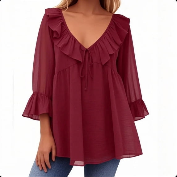 ZQUUVOU Women's T-Shirt V-Neck 3/4 Sleeved Ruffle Neck Front Tie Pleated Hem Blouse Red (L)