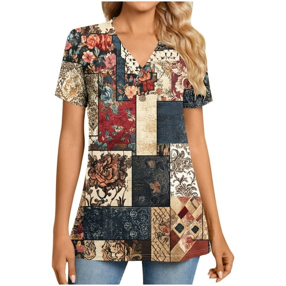 ZQUUVOU Women's T-Shirt V-Neck Button Printed Short Sleeve Blouse Burgundy (L)