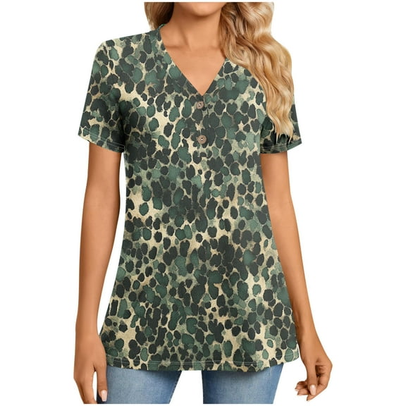 ZQUUVOU Women's T-Shirt V-Neck Button Printed Short Sleeve Blouse Olive Green (XL)