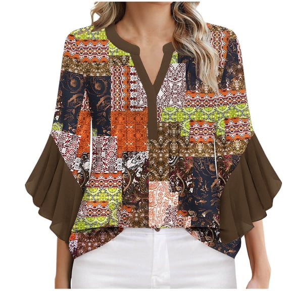 ZQUUVOU Women's T-Shirt V Neck Ruffle 3/4 Sleeve Solid Color Printed Floral Blouse D-Brown (M)