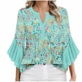 thumbnail image 1 of ZQUUVOU Women's T-Shirt V Neck Ruffle 3/4 Sleeve Solid Color Printed Floral Blouse K-Green (M), 1 of 4