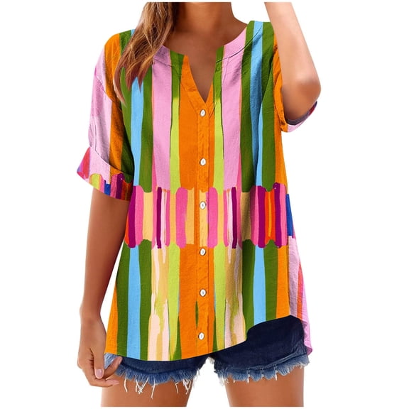 ZQUUVOU Women's T-Shirt V-Neck Short Sleeve Print Floral Summer Button Loose Blouse C-Multicolor (S)