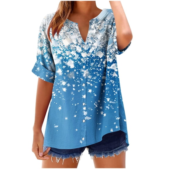 Zwiiyzr Women's T-Shirt V-Neck Short Sleeved Printed Button Loose T-Shirt B-Blue (S)