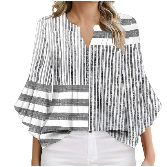 ZQUUVOU Women's T-Shirt V Neck Stripe Ruffle 3/4 Sleeve Solid Color Blouse Gray (M)