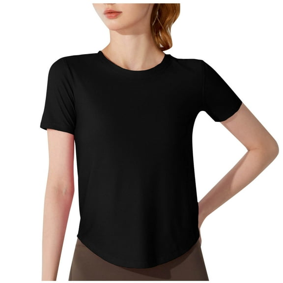 ZQUUVOU Women's T-Shirts Athletic Breathable Solid Color Sports Yoga Short Sleeve Round-Neck Blouses(Black,M)