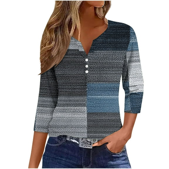 ZQUUVOU Women's T-Shirts Block Crew Neck Short 3/4 Sleeve Casual Blouse(Navy,M)