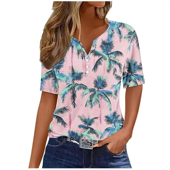 ZQUUVOU Women's T-Shirts Boho Printed 3/4 Sleeve Henley V Neck Summer Beach Blouses(A-Green,S)