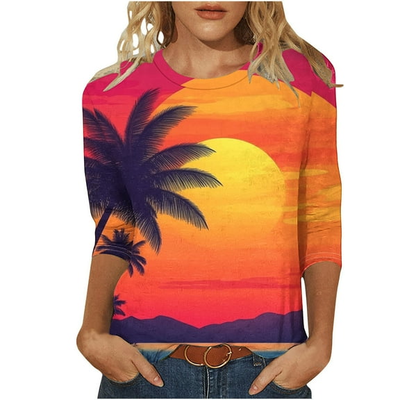 ZQUUVOU Women's T-Shirts Casual Boho Printed Crew Neck 3/4 Sleeve Beach Tops(B-Orange,XL)