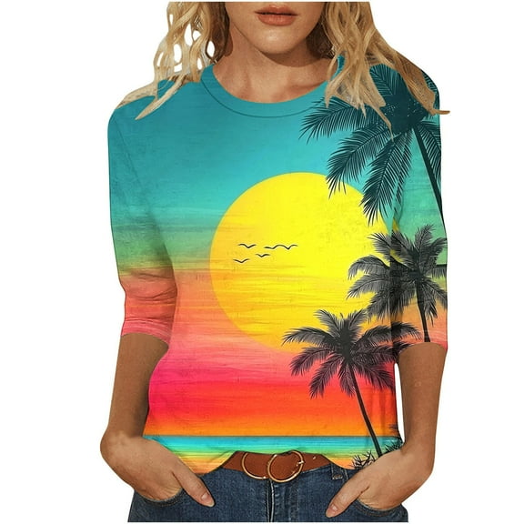 ZQUUVOU Women's T-Shirts Casual Boho Printed Crew Neck 3/4 Sleeve Summer Beach Tops(G-Light Blue,2XL)