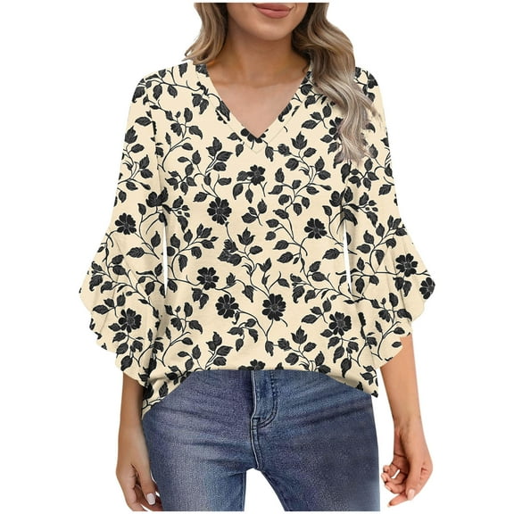 ZQUUVOU Women's T-Shirts Casual Leopard Printed 3/4 Length Sleeve Shirts(Khaki,2XL)