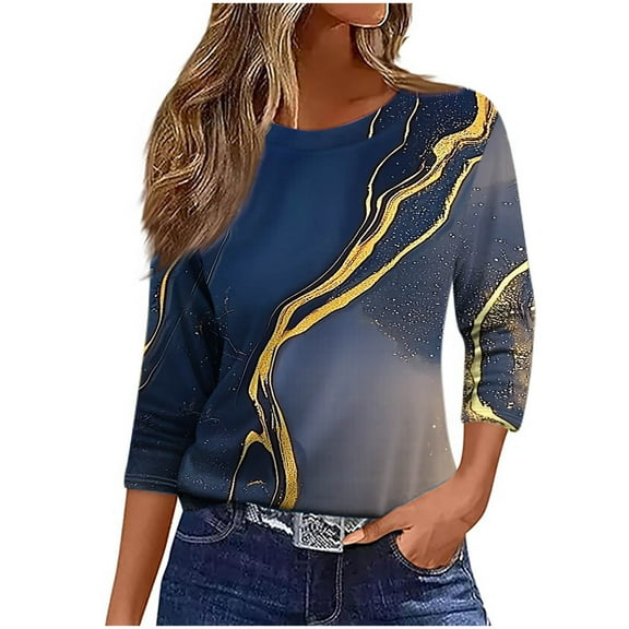 ZQUUVOU Women's T-Shirts Casual Print Crew Neck 3/4 Sleeve Tops(B-Khaki,S)