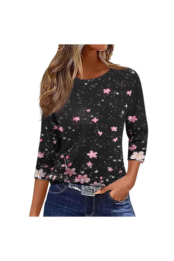 Women's T-Shirts Casual Print Crew Neck 3/4 Sleeve Tops(C-Pink,4XL)