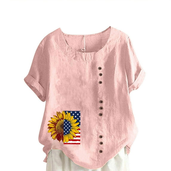 ZQUUVOU Women's T-Shirts Casual Printed Short Sleeve Button Blouse(Pink,L)