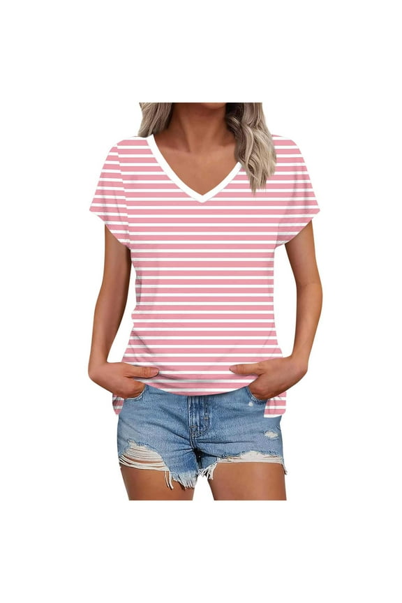 Women's T-Shirts Casual Stripe Short Sleeved V-Neck Blouse(Pink,XL)