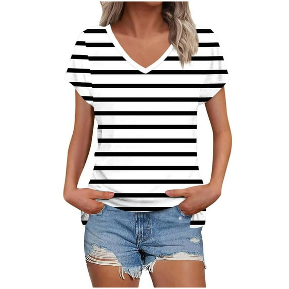 ZQUUVOU Women's T-Shirts Casual Stripe Short Sleeved V-Neck Blouse(White,L)