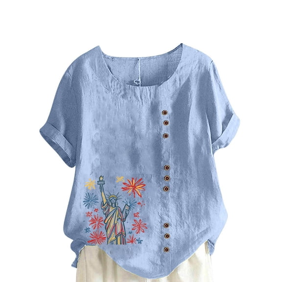 ZQUUVOU Women's T-Shirts Crew Neck Printed Short Sleeve Button Blouse(Light Blue,XL)
