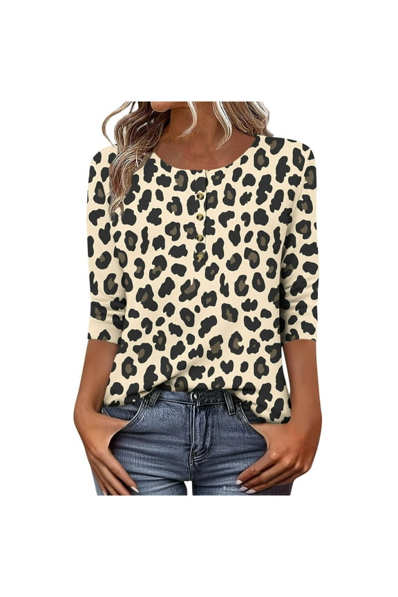 Women's T-Shirts Leopard Print Button 3/4 Sleeve Casual Loose Tops(Black,S)