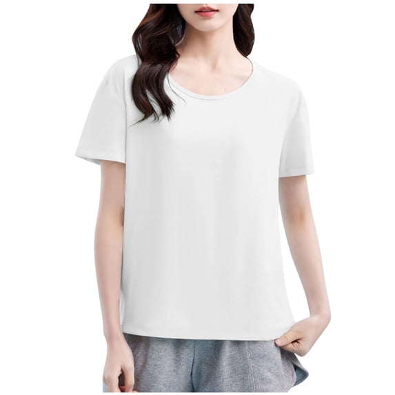 ZQUUVOU Women's T-Shirts Loose Fit Solid Color Crew Neck Short Sleeve Blouse(White,XL)