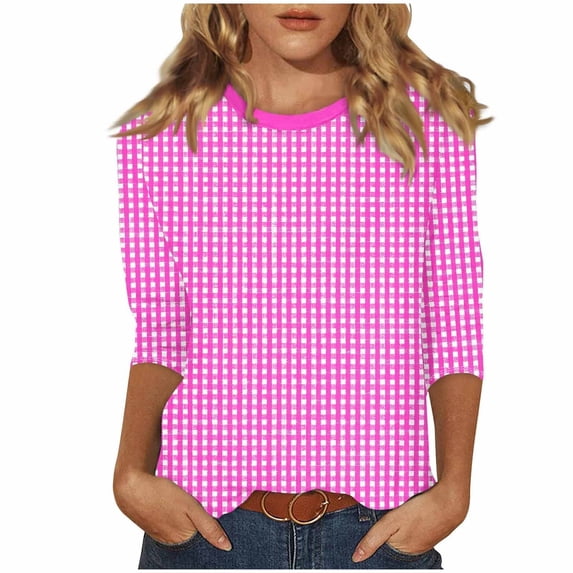 ZQUUVOU Women's T-Shirts Plaid Printed Crew Neck 3/4 Sleeve Blouse(Hot Pink,2XL)
