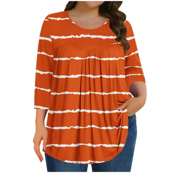ZQUUVOU Women's T-Shirts Plus Size Striped Front Pleated 3/4 Sleeves Crew Neck Tops(Orange,2XL)