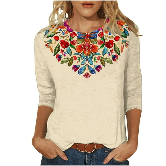 ZQUUVOU Women's T-Shirts Printed 3/4 Sleeves Blouse Crew Neck Casual Tunic Tops(A-Khaki,XL)